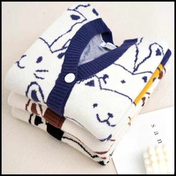 Oversized Chunky Knit Cardigan with Cat Print, V-Neck, Button Front - Picture 5 of 7